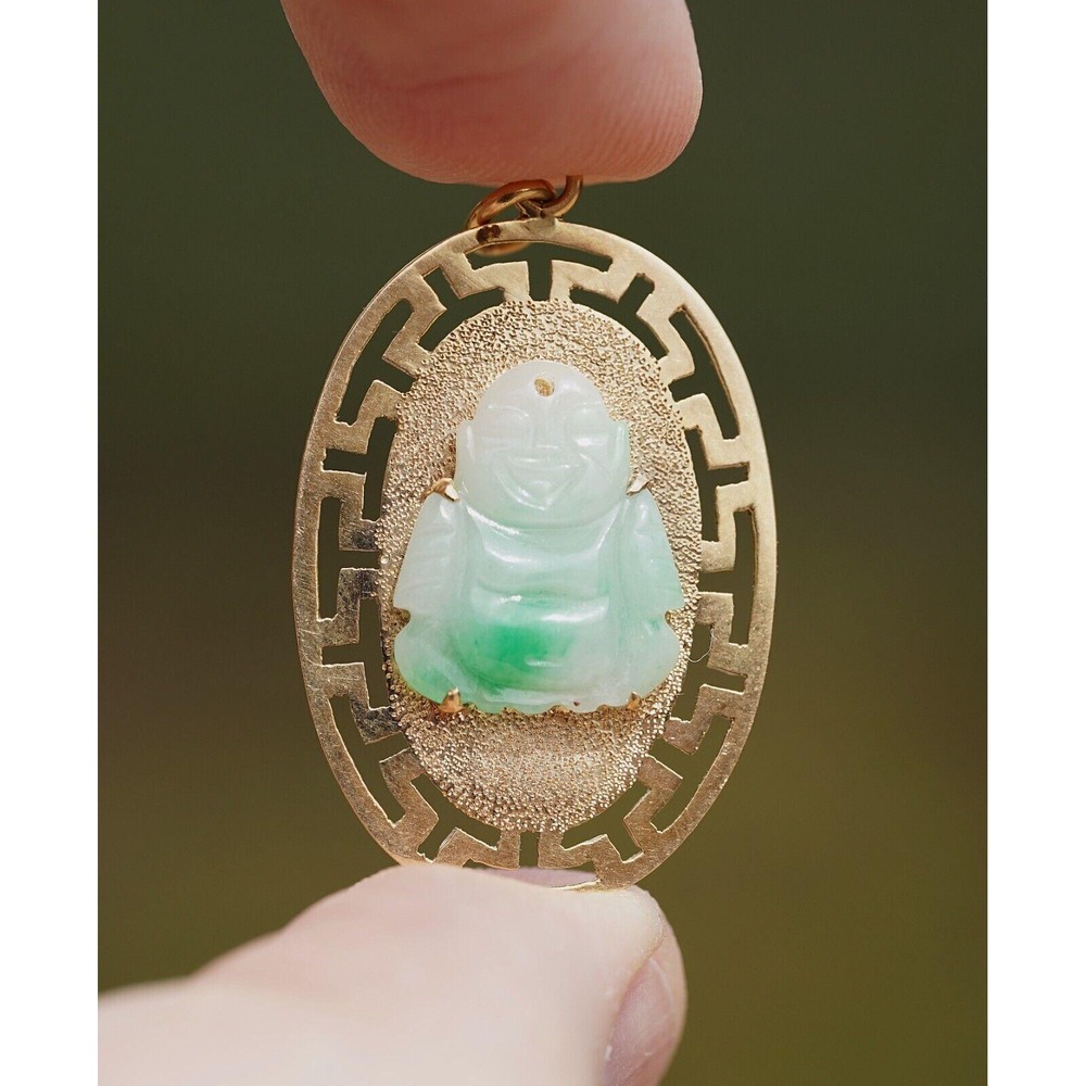 Vintage 14K‎ Solid Yellow Gold Natural Jade Happy Laughing Carved Buddha Pendant - Picture 3 of 7